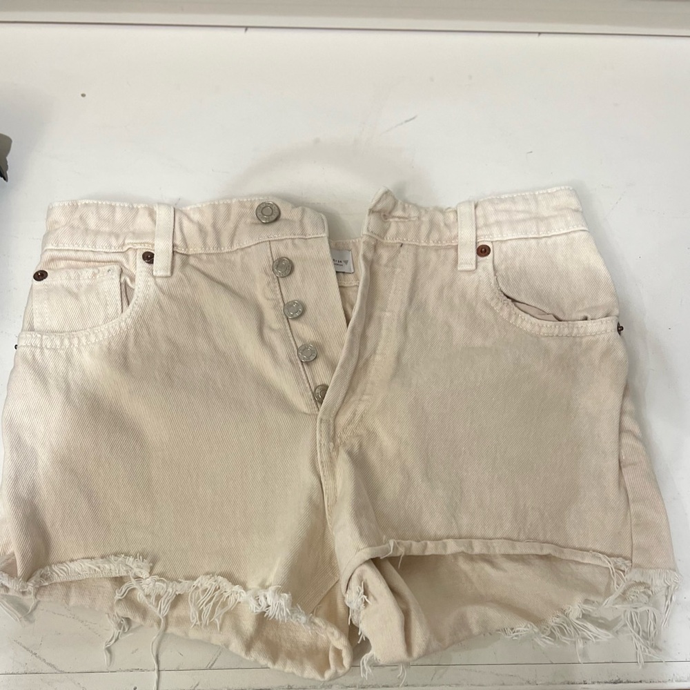 Zara Cream High Waist Shorts with Frayed Hem